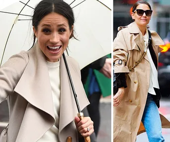 Two women in stylish beige coats; one holds an umbrella, the other wears sunglasses and a trench coat.