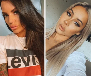 Two women taking selfies, one with long dark hair and a Levi's t-shirt, and the other with long blonde hair in a white top.
