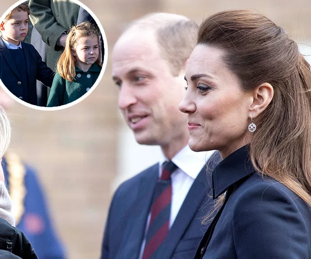Prince William and Kate Middleton smiling; inset of two children in coats.