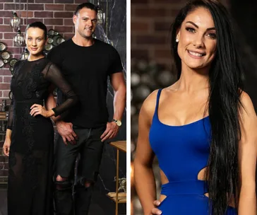 Vanessa Romito in a black dress with a man; to the right, Vanessa in a blue dress smiling.