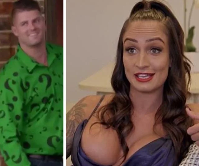 Two people from "Married at First Sight 2020"; man in green shirt with question marks, woman with long hair and dark dress.