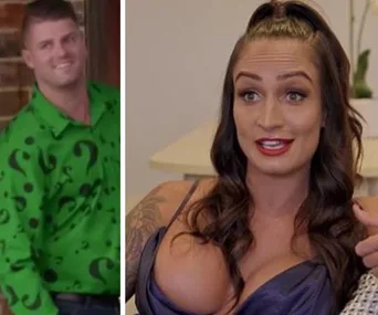 Two people from "Married at First Sight 2020"; man in green shirt with question marks, woman with long hair and dark dress.