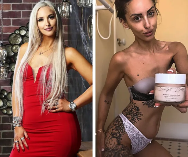 "Two images of a woman: left in a red dress, right showing weight loss, holding a beauty product."