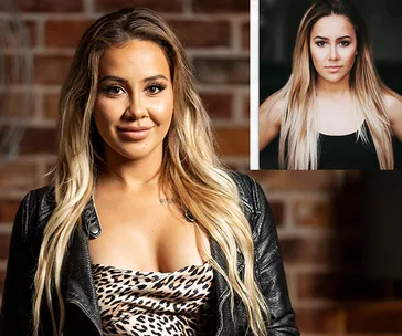 A woman with long blonde hair in a leopard print top and black leather jacket smiles at the camera, inset shows her portrait.