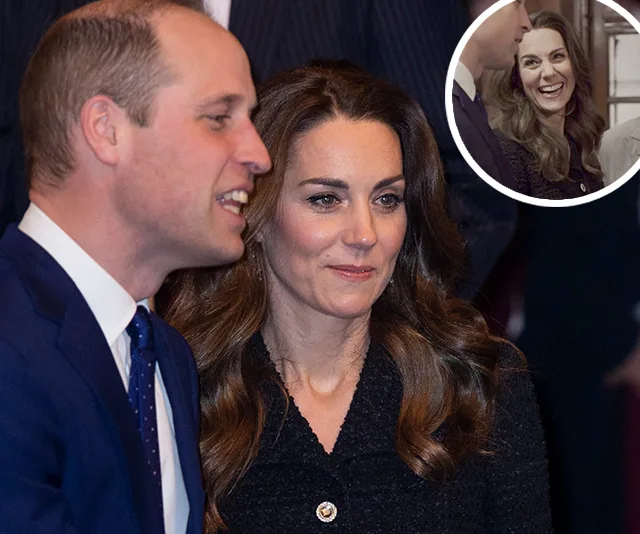 "Prince William and Kate Middleton attending a formal event, inset shows Kate smiling during a conversation."
