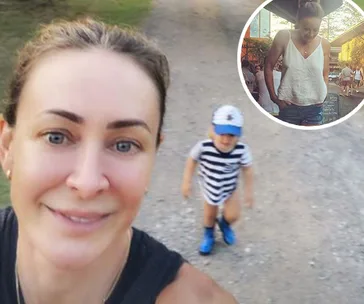 Woman taking a selfie on a path with a child in a striped outfit and hat; inset of her smiling in a white top.