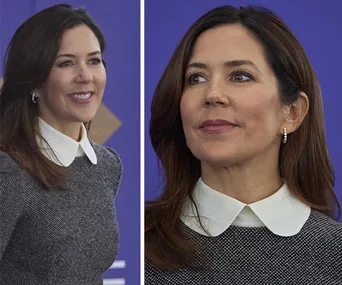 Portrait of a woman with long dark hair, wearing a grey dress with a white collar, smiling against a purple background.