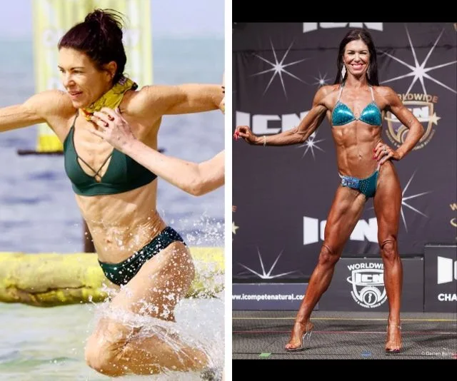 "Two images of a female athlete: left in ocean challenge, right in bodybuilding competition."