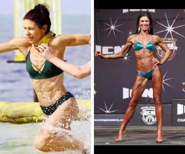 "Two images of a female athlete: left in ocean challenge, right in bodybuilding competition."