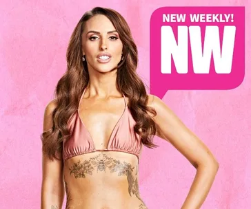 "Woman with tattoos in a pink bikini top on a pink background with 'NW' logo."