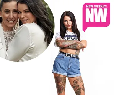 Two women smiling and embracing, with another woman posing confidently with tattoos and denim shorts, NW logo present.