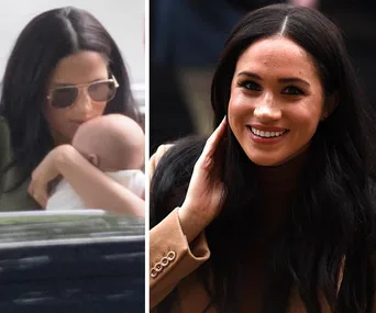 Meghan Markle holding a baby on the left; smiling and waving on the right, wearing a brown outfit.