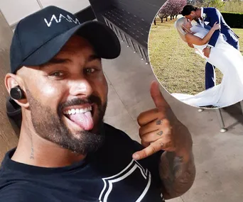 Man in black cap takes a selfie, sticking out tongue; inset shows couple in wedding attire embracing outdoors.