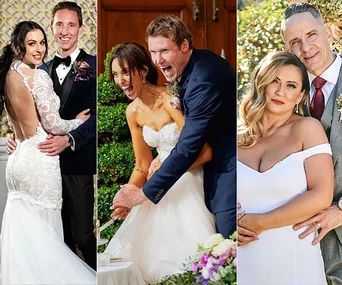 Three couples from a wedding reality show in elegant attire, each sharing joyful moments during their ceremonies.