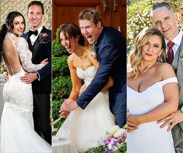 Three couples from a wedding reality show in elegant attire, each sharing joyful moments during their ceremonies.