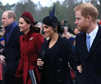 Royal family members walking side by side at the Commonwealth Day service, dressed formally.