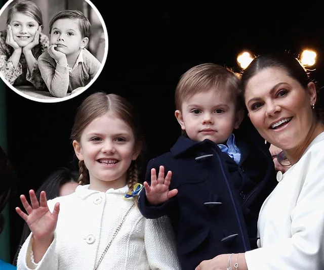Royal family smiling, child in navy coat, girl in white, woman in white; inset of two children in black and white.