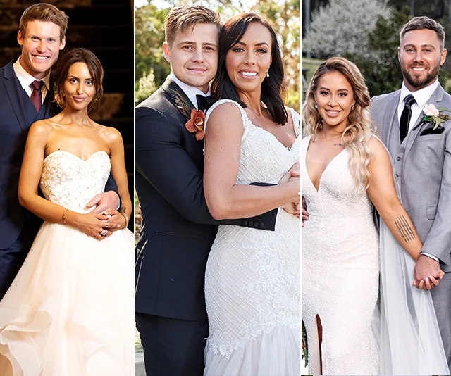 "Three couples from Married at First Sight Season 7 in wedding attire, posing together on their wedding day."