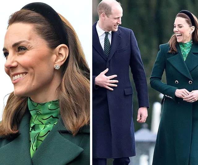 Kate Middleton and Prince William smiling, both in green, during Dublin visit.