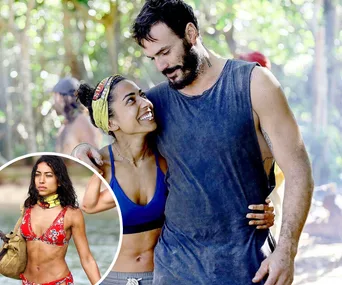 Man and woman smiling in a forest, with inset of woman in red bikini and yellow bandana carrying a bag.