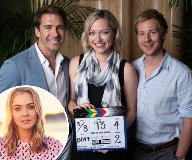Actors posing with a clapperboard on the "Back to the Rafters" set, inset photo of a smiling woman.