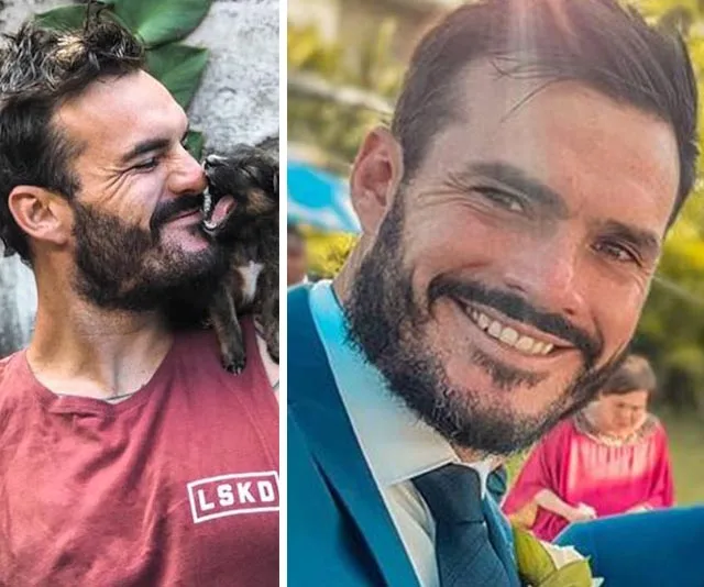 Two images: Left, a man laughs with a dog licking his face; right, same man smiling in a blue suit at an outdoor event.