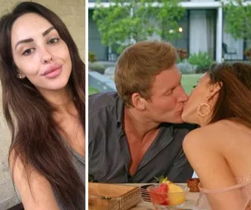 Woman taking a selfie; a couple sharing a kiss at an outdoor dining setting.