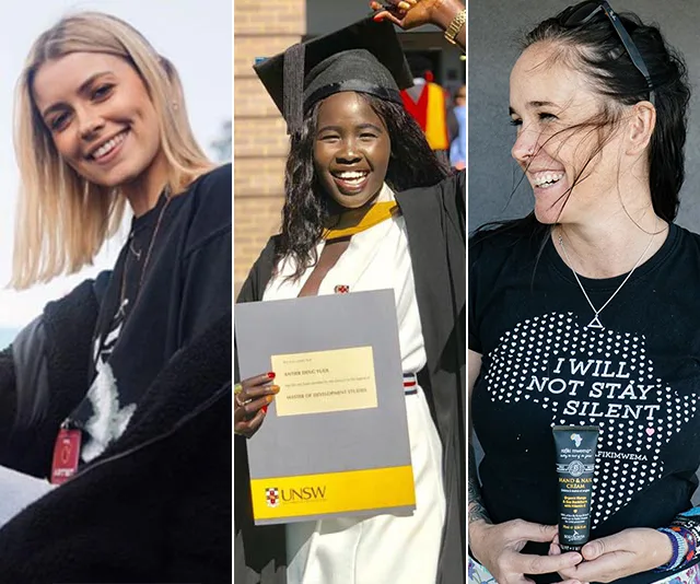 Women celebrating achievements: one smiling, one in graduation attire, and one holding a product with empowering shirt.