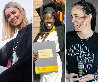 Women celebrating achievements: one smiling, one in graduation attire, and one holding a product with empowering shirt.