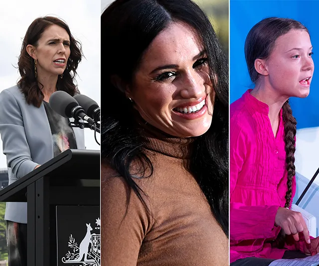 Three women in different settings: one speaking at a podium, one smiling, and one addressing an audience.