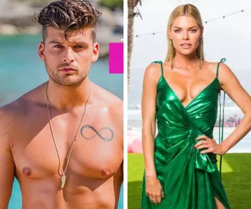 A shirtless man with infinity tattoo and a woman in a shiny green dress outdoors, both posing confidently.