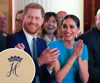 Prince Harry and Meghan Markle smiling and clapping, with a monogram seal in the corner.