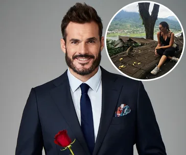 Man in suit holds rose; inset shows woman interacting with monkey in scenic outdoor setting.