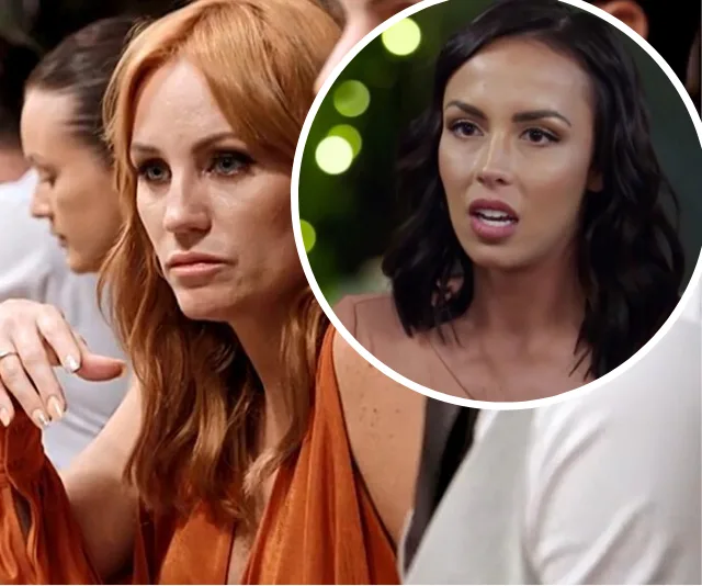Two women from a reality TV show appear in a split image, one looking serious, the other mid-conversation.