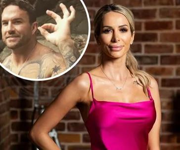 Woman in pink dress smiling, inset shows tattooed man gesturing OK. Brick wall background.