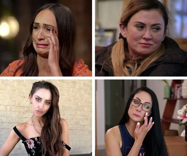 Women expressing various emotions in a collage, possibly from MAFS 2020, including moments of distress and contemplation.