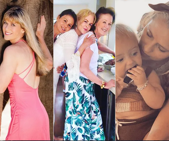 Celebrating women: a woman in a pink dress, three women embracing, and a woman holding a baby.