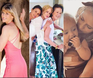 Celebrating women: a woman in a pink dress, three women embracing, and a woman holding a baby.