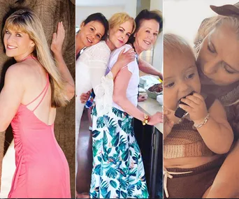 Celebrating women: a woman in a pink dress, three women embracing, and a woman holding a baby.