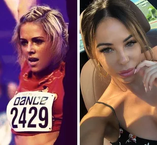 Side-by-side comparison of a woman in a dance competition and a selfie in a car highlighting changes in appearance.