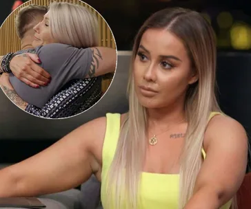 A woman in a yellow top looks serious. Inset shows a close hug between a man and woman with tattoos.