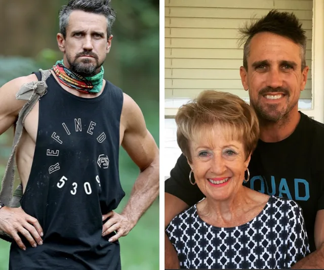 "Man in tank top outdoors; same man with an elderly woman indoors, both smiling at camera."