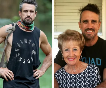 "Man in tank top outdoors; same man with an elderly woman indoors, both smiling at camera."