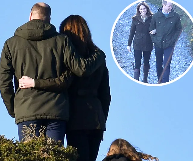 A couple in matching jackets embraces while walking outdoors, inset shows them smiling and walking arm-in-arm.