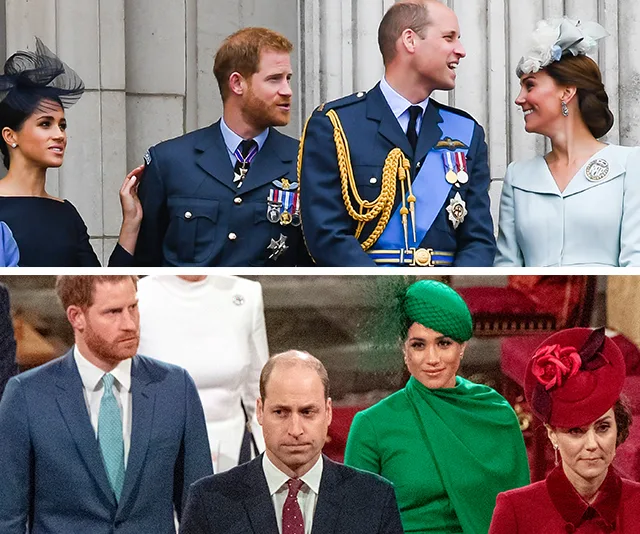 "Two photos showing four well-dressed individuals at formal events, wearing military and elegant outfits."