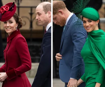 Two couples in formal attire at Commonwealth Day 2020, standing side by side, showing elegance and style.