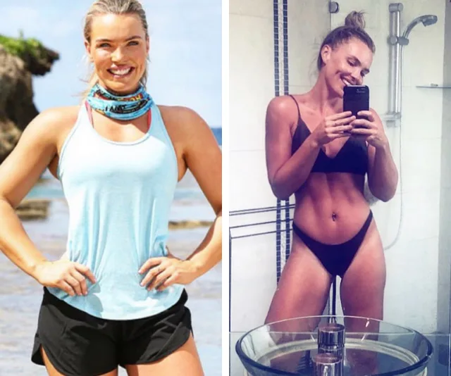 Woman before and after fitness transformation: outdoors in sportswear, then in bikini selfie showing toned physique.