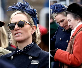 Zara Tindall in a navy coat and matching feathered hat, wearing sunglasses, at a racing event with an older woman in an orange coat.