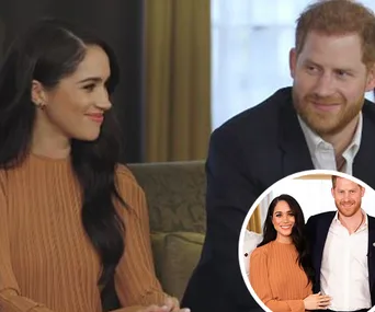Prince Harry and Meghan Markle smiling together during a video call with inset portrait of them both.