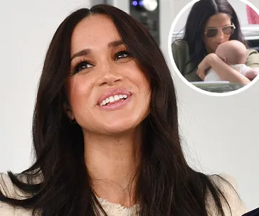 Meghan Markle smiling, with an inset of her holding Archie, wearing sunglasses outdoors.